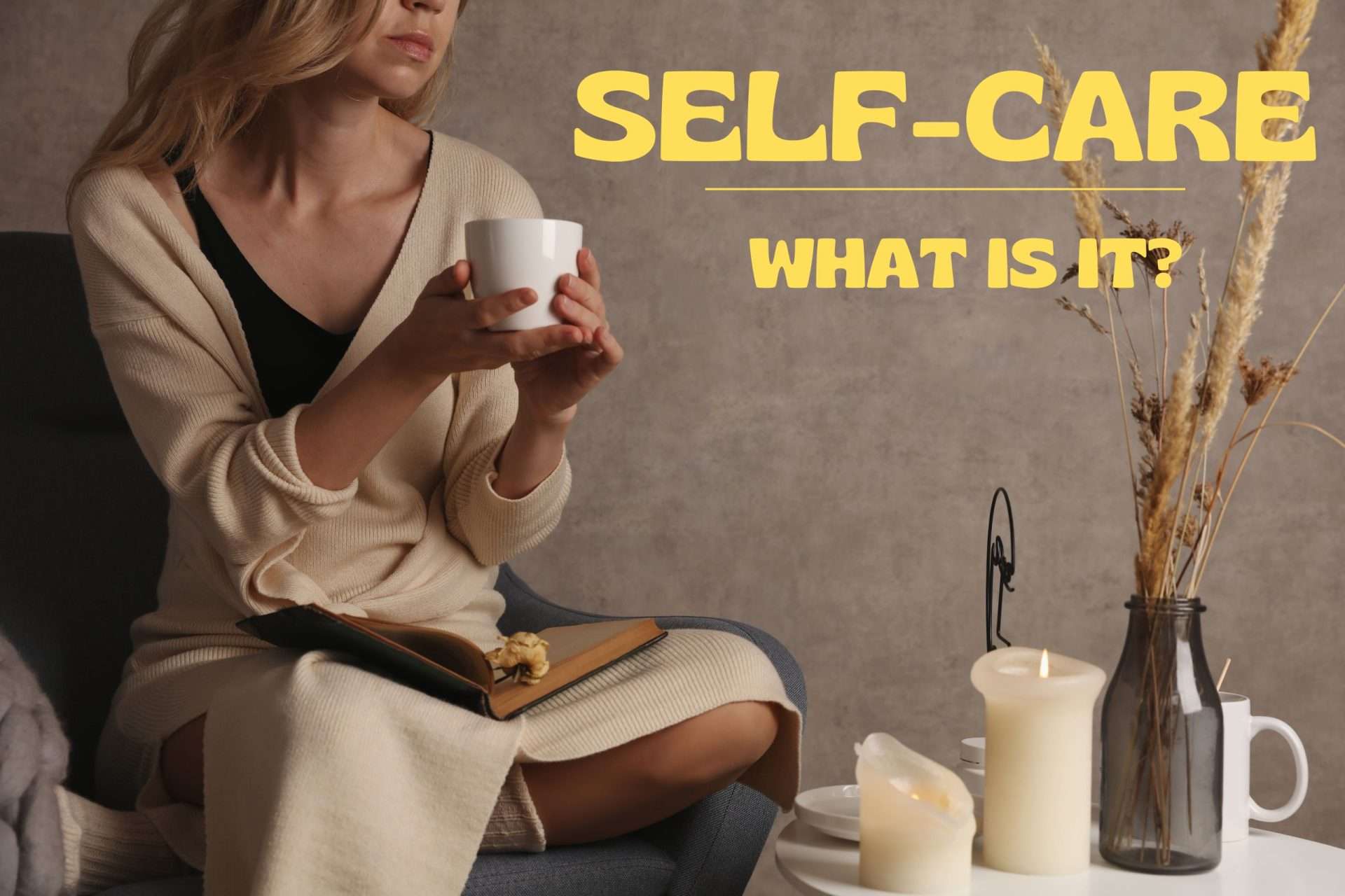 Self-Care: A lady drinking coffee and enjoying a calm moment in her chair.