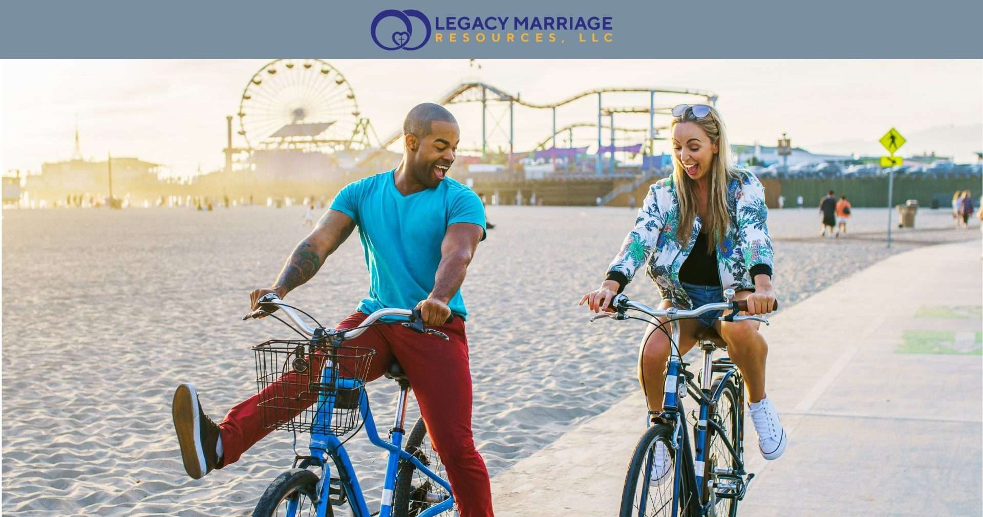 Practice actions to make your marriage fun and not boring with two people riding bikes and having fun.
